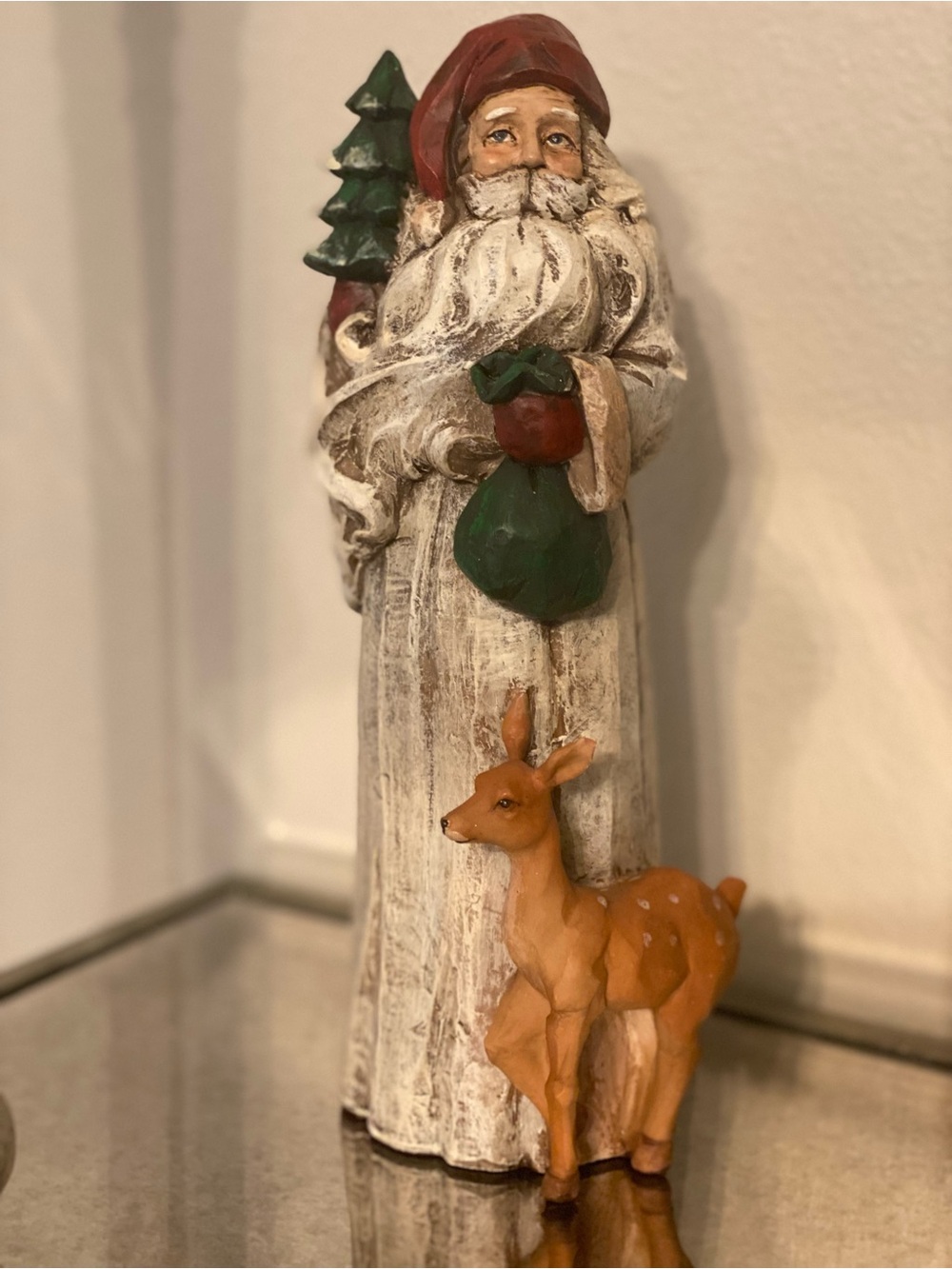 Hand-Painted White Santa with Green Accents and Fawn Holiday Figurine